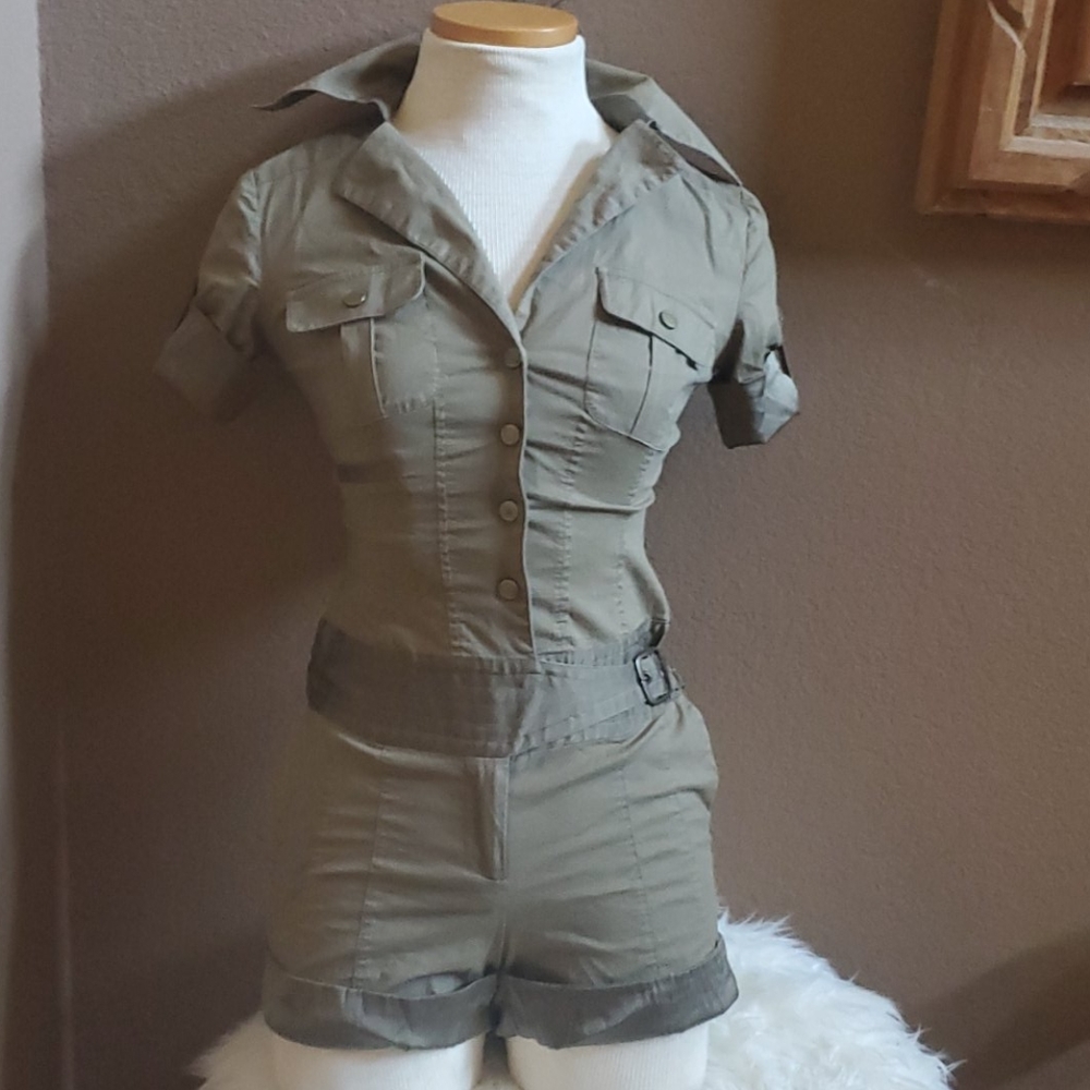 Army green utility silk short romper
